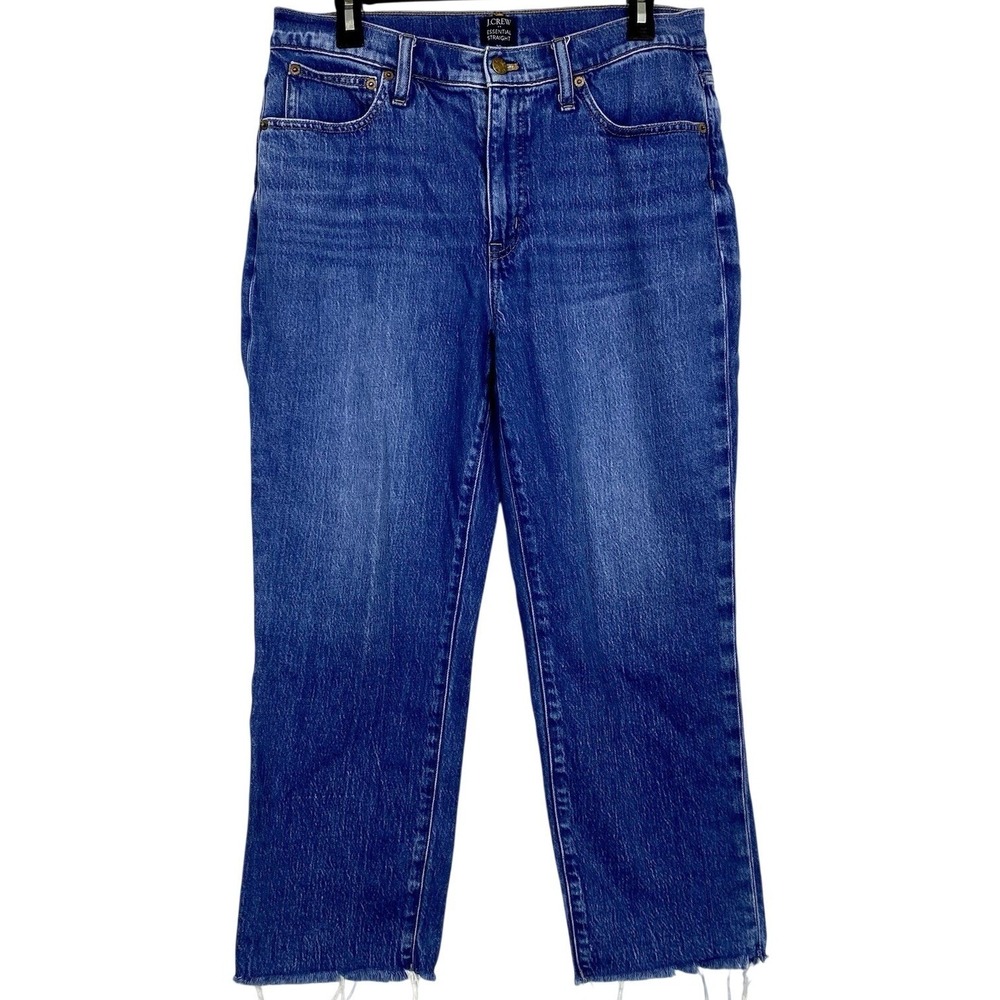 J Crew Sz 30 Dark Wash‎ Essential Straight Denim Jeans Stretch Raw Hem Ankle EUC
